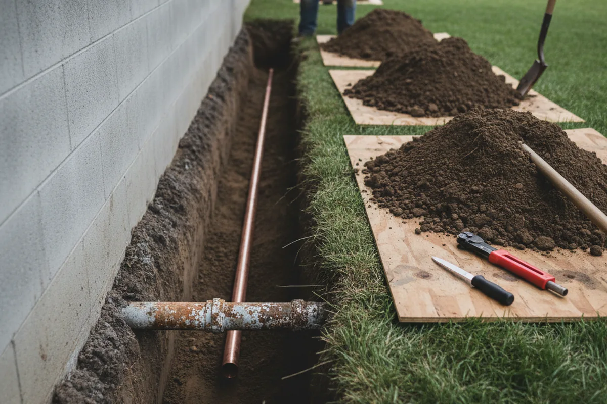Excavated water line trench during Water Softener Installation in Fair Lawn
